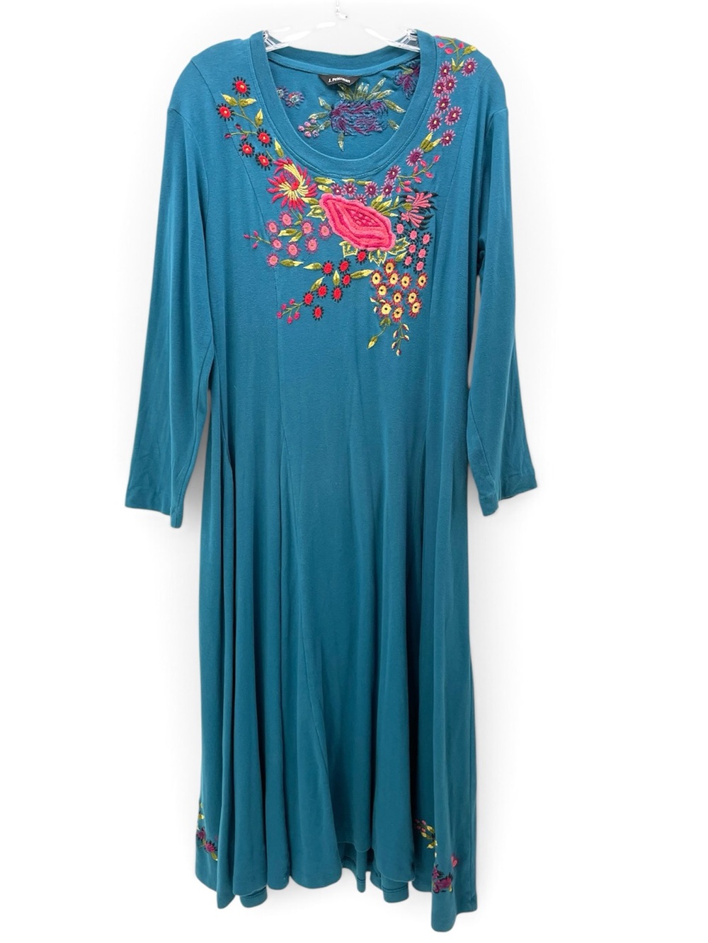 Vintage J Peterman Blue Embroidered Long Sleeve Maxi Twirl Dress, Large